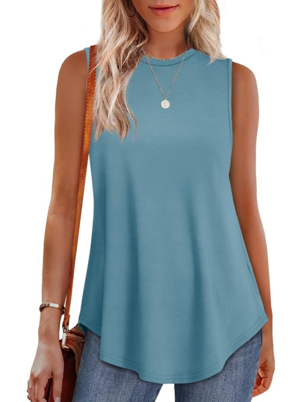 Women's Blue High Neck Tank Loose Fit Sleeveless Casual Wear Summer Tunic Tops